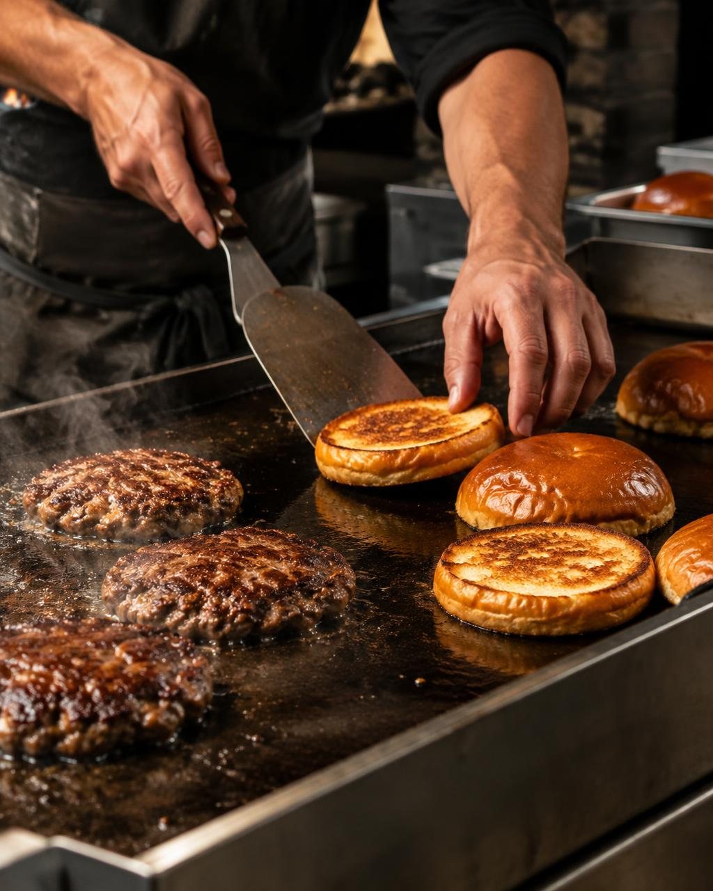 Pães tostados e burgers na chapa durante o preparo